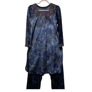 Blue Tie Dye Crushed Velvet Tunic Dress Pant Set Sz Large Warm Long Sleeve Bohoe